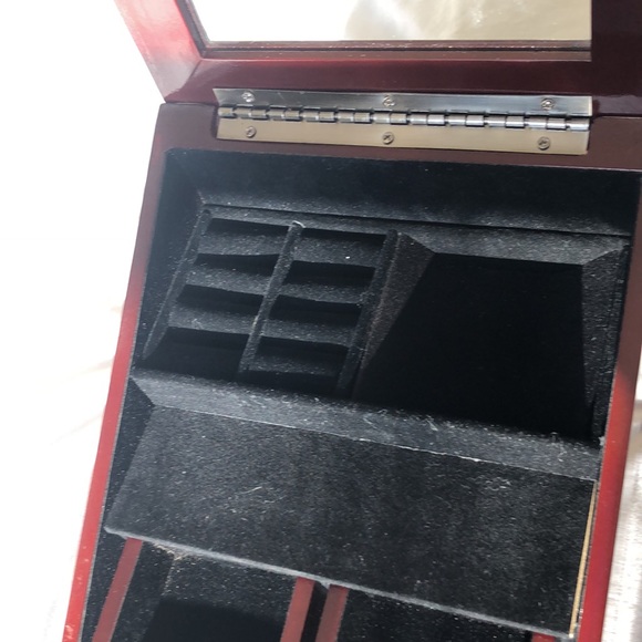 Jewelry box deep red like cherry wood w/black velvet lined interior.Four drawers - Picture 2 of 16